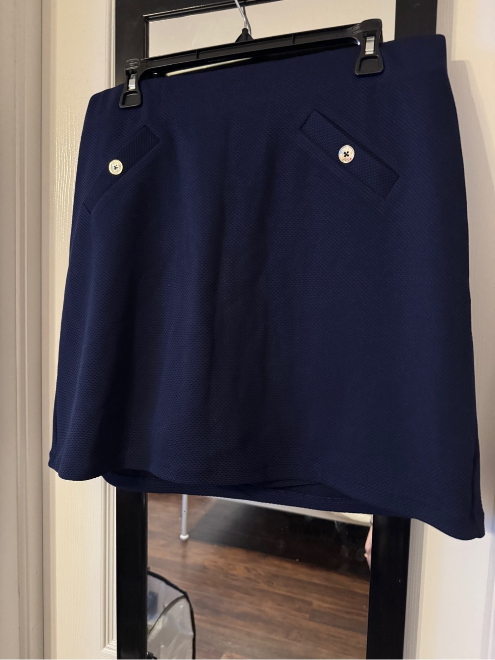 Jones New York Textured Navy Mini Skirt with Button Tabs
